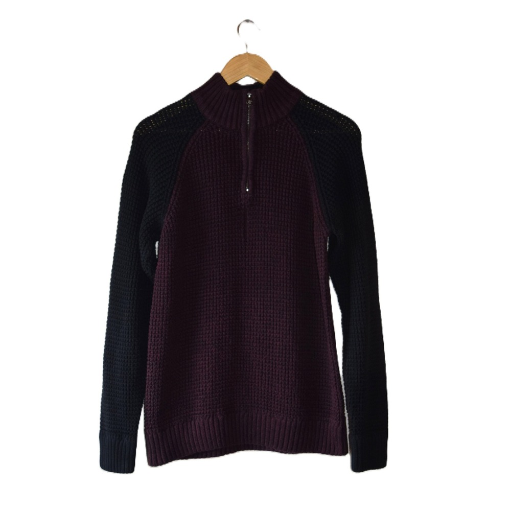Aeropostale Quarter Zip Sweater Mens Large Burgundy Black Good Waffle Knit Mock
